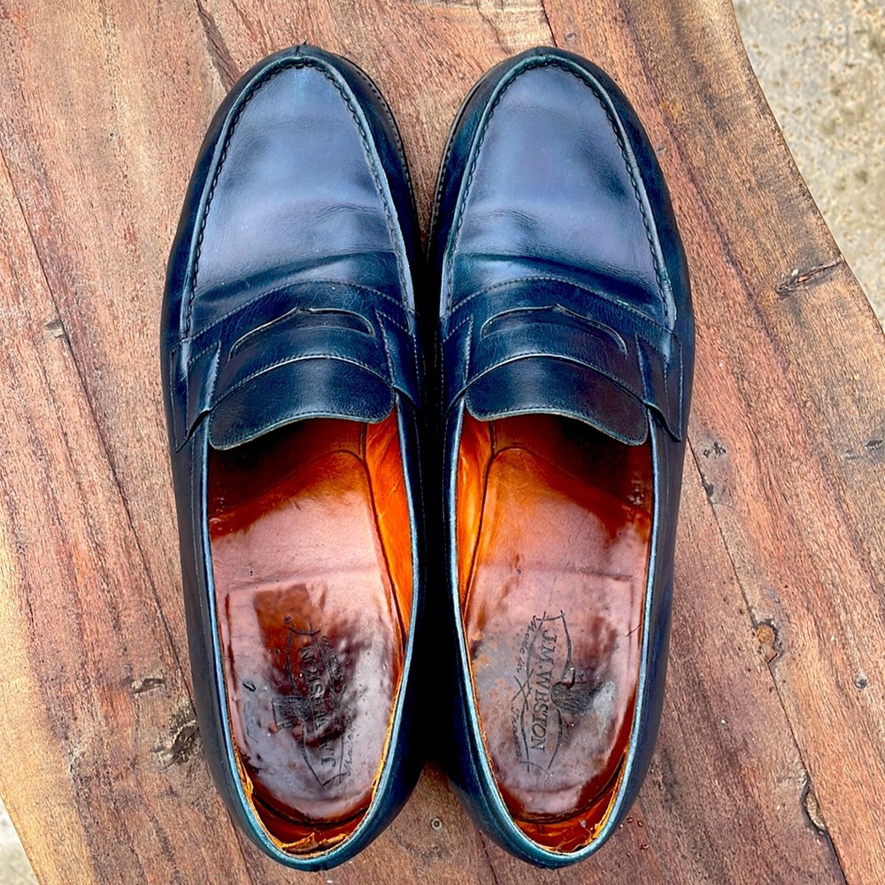 Well loved Navy Blue JM Weston Loafers, size 9D, handmade in France